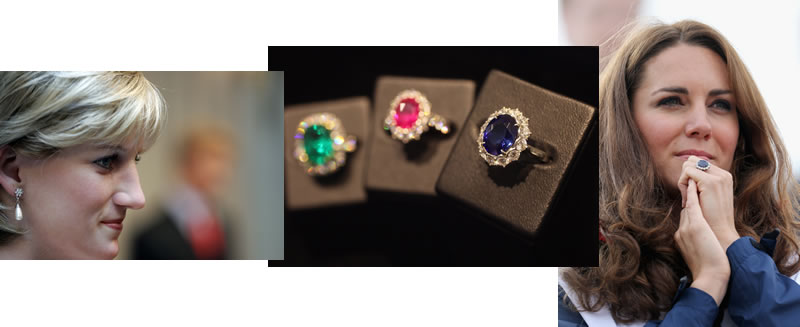 Princess Diana. GettyImages.  The Big Three Gemstones - Emerald, Ruby and Sapphire.  Garrard Jewelers courtesy of GettyImages.  Duchess of Cambridge, the former Kate Middleton.  GettyImages.